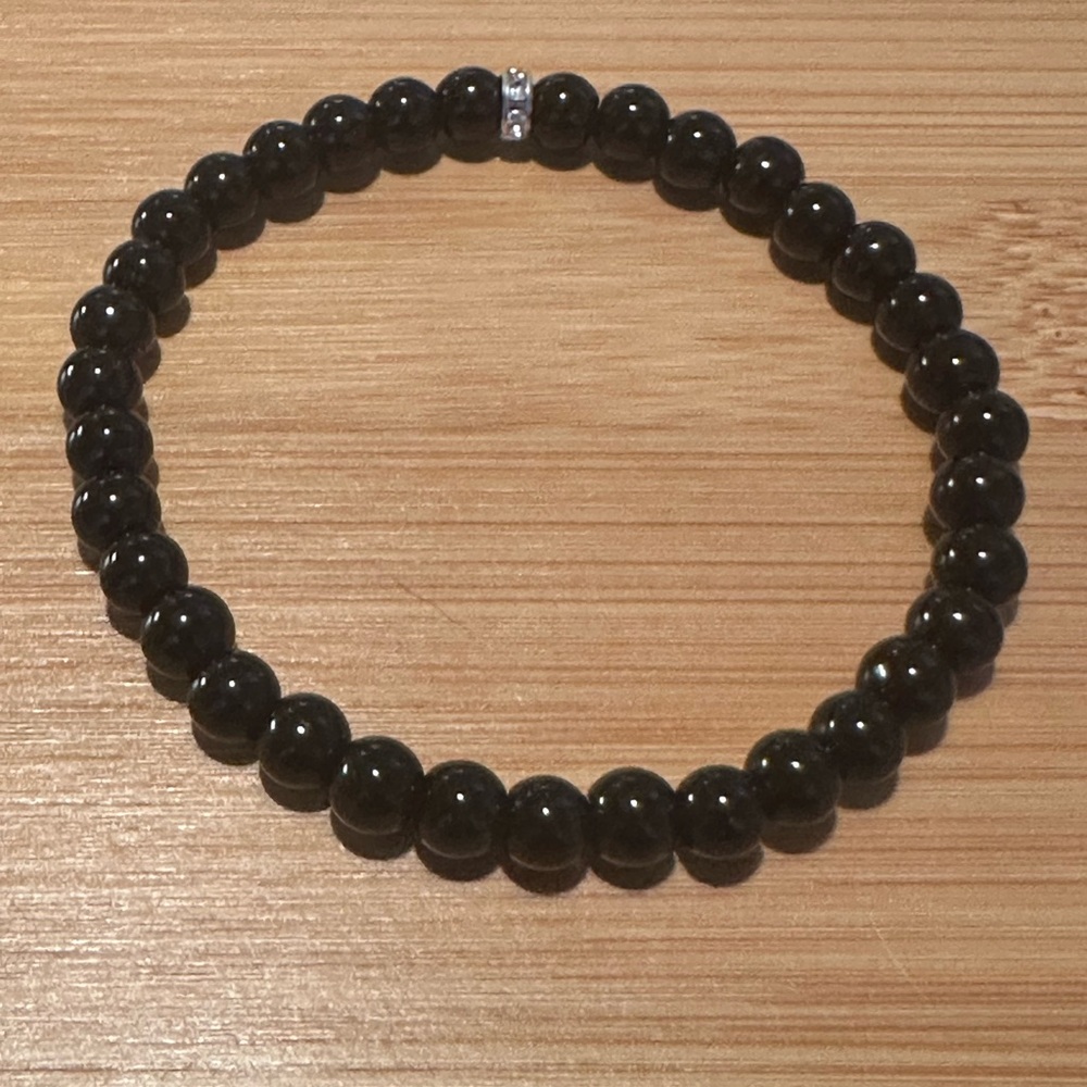 Handmade Black Glass Stretch Bead Bracelet with Silvertone  Accent